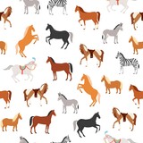 Fototapeta Konie - Horses seamless pattern vector illustration. Cartoon flat herbivorous ungulates diverse includes horse, pony, zebra donkey running or standing. Farm domestic, circus and wild animal wallpaper design