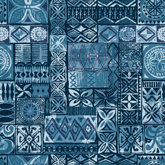 hawaiian style blue tapa tribal fabric abstract patchwork vintage vector seamless pattern