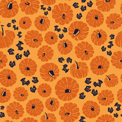Naklejka na meble Vector orange pumpkins blue seamless pattern leaves
