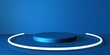 © Nebula Design - Espositore vuoto circolare blu su fondo blu, podio o piedistallo per esposizione prodotti, tubo neon, base circolare con sfondo vuoto, Rendering 3D, visione frontale