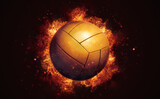 Flying volleyball ball in burning flames close up on dark brown background. Classical sport equipment as conceptual 3D illustration.