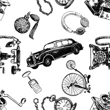 Seamless Pattern Of Hand Drawn Sketch Style Different Vintage Objects Isolated On White Background. Vector Illustration.