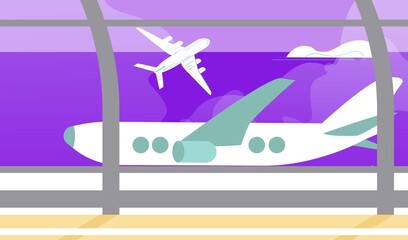 Wall Mural - Background airplane, vacation summer, destination relaxation, exemplification vacation, design, cartoon style vector illustration. Outdoor tourism, modern transportation, aviation travel concept.