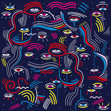 Modern Doodle Psychedelic Fashion Eyes Abstract Composition In Minimalist Memphis Style With Eyes,