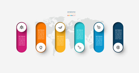 Wall Mural - Vector Infographic 3d long circle label, infographic with number 6 options processes.