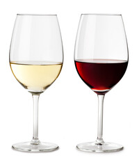 Two red cabernet pinot malbec merlot and white chardonnay sauvignon blanc wine glasses isolated on whiten background for use alone or as a design element