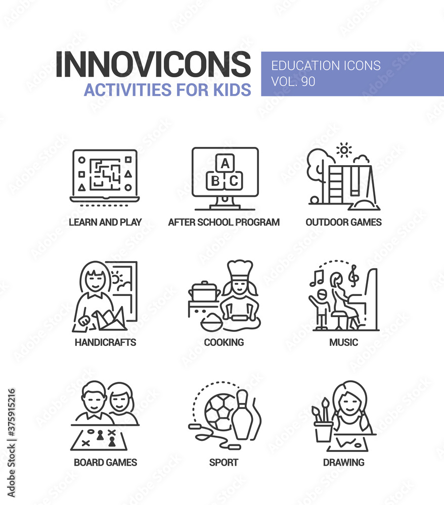 Activities for kids - line design style icons set Stock Vector | Adobe ...