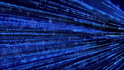 Fast moving futuristic blue digital data stream with binary code. Looping internet technology motion background animation.