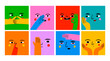 Square abstract comic Faces with various Emotions and hand gestures. Different colored characters. Cartoon style. Flat design. Hand drawn trendy Vector illustration. Every face is isolated
