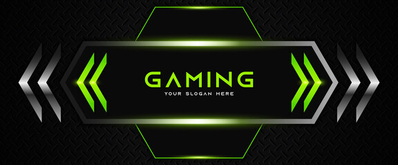 Wall Mural - Futuristic black and green abstract gaming banner design with metal technology concept. Vector illustration for business corporate promotion, game header social media, live streaming background