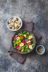 Wall Mural - Fresh mixed salad with egg in bowl, top view