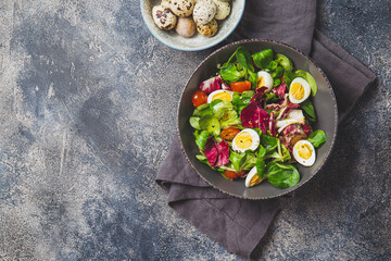 Wall Mural - Fresh mixed salad with egg in bowl, top view