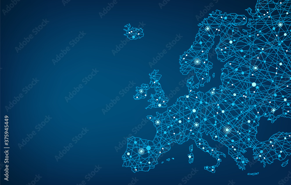 Connected map of Europe vector illustration background  – European Union concept: cooperation, technology, digitalization, future - obrazy, fototapety, plakaty 