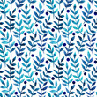 © Dina Guiter - Seamless pattern with stylized leaves. Floral endless pattern filled with classic blue leaves. background for wallpaper, textile print. Watercolor hand drawn illustration on a white background.