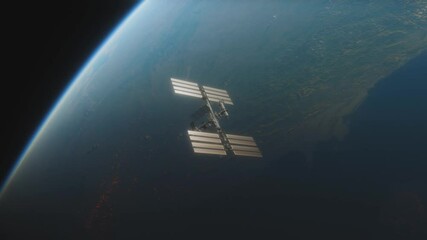Wall Mural - Animation of the International Space Station ISS Floating in Orbit above Planet Earth in outer space