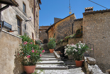 An alley of Santo Stefano di Sessanio, ancient hill town in the province of L'Aquila, Abruzzo region, Italy, located in the Gran Sasso e Monti della Laga National Park.