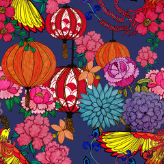 Creative seamless pattern with hand drawn chinese art elements: phoenix, lantern, fan and flowers. Trendy print. Fantasy chinese phoenix, great design for any purposes. Asian culture. Abstract art.