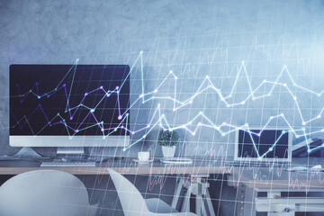 Multi exposure of financial graph drawing and office interior background. Concept of market analysis.