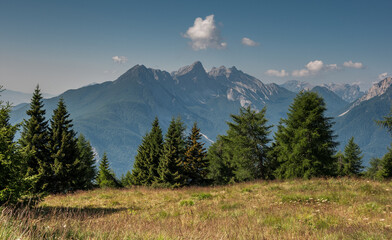 Dolomites mountain views, as seen from the hiking trail from Antelao refuge to Calalzo village via Monte Tranego and Pozzale village, Dolomites, Italy.