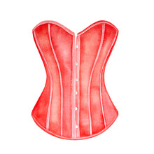 Water Color Illustration Of Bright Red Boned Bodyshaper Corset. One Single Object, Front View, No People. Hand Painted Watercolour Graphic Drawing, Cut Out Clip Art Element For Design Decoration.