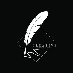 feather pen logo silhouette with square line vector design template