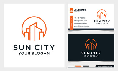 Wall Mural - Sun with line art Building Logo Design, Moon City, Real estate, architecture Vector with business card template