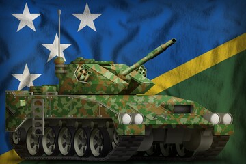 light tank apc with summer camouflage on the Solomon Islands national flag background. 3d Illustration