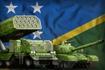 Solomon Islands heavy military armored vehicles concept. tank and rocket launcher with summer pixel camouflage on flag background. 3d Illustration