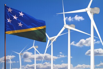 Solomon Islands alternative energy, wind energy industrial concept with windmills and flag industrial illustration - renewable alternative energy, 3D illustration