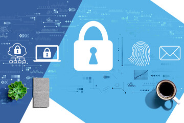 internet network security concept with a cup of coffee and a notebook