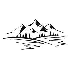 Mountain With Pine Trees And Landscape Black On White Background. Hand Drawn Rocky Peaks In Sketch Style. Vector Illustration.