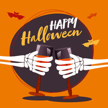 Skeleton Hands Holding Wine Glass With Bats Flying On Purple And Orange Background.
