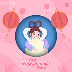 Sticker - Happy Mid Autumn Festival Poster Design with Chinese Goddess of Moon (Chang'e) and Hanging Lanterns Decorated on Pink Paper Cut Circle Shape Background.