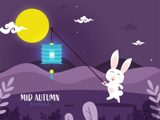 Sticker - Cartoon Bunny Holding Chinese Lantern Stick and Full Moon on Purple Nature Background for Mid Autumn Festival Celebration.