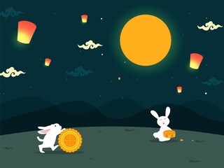 Poster - Full Moon Teal Green Background Decorated with Fly Lanterns and Cartoon Bunnies Holding Mooncake.