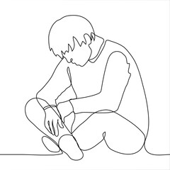 Wall Mural - man sits on the floor with his head bowed. one continuous line drawing concept of sadness, longing, depression, fatigue, loneliness