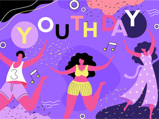 Wall Mural - Cartoon Young Girls and Boy Dancing Together on Purple Abstract Background for Youth Day Celebration.