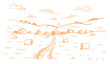 Field road. Rural landscape. Mown straw grass. Hand drawn sketch. Countryside track. Contour vector line. Autumn panorama.
