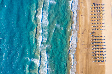 Wall Mural - aerial top down view to the beautiful beach of kyllini, west peloponnese, greece, with umbrellas in 