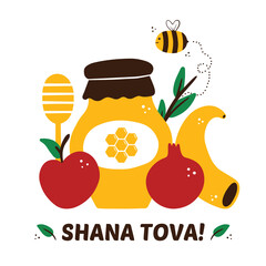 Wall Mural - Shana Tova cartoon greeting card, vector illustration with honey jar, cute honey bee, pomegranate, apple and shofar horn for Rosh Hashanah, Jewish New Year holiday.
