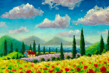 Wall Mural - Sunny painting Beautiful summer landscape with field red flowers poppies, small house and cypresses in Tuscany, Italy