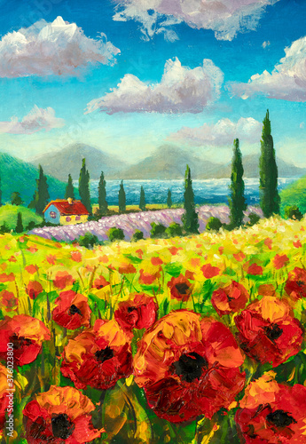 Naklejki Claude Monet  pionowy-obraz-olejny-dom-na-farmie-pole-czerwonych-kwiatow-makow-gor-i-cyprysow-pod