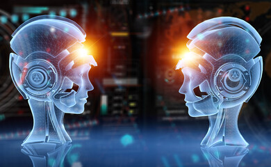 Aufkleber - Artificial intelligence holographic projection with robot head 3D rendering
