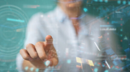 Aufkleber - Woman using digital technological interface with datas 3D rendering