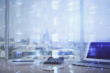 double exposure of desktop computer and technology theme hologram. concept of software development.