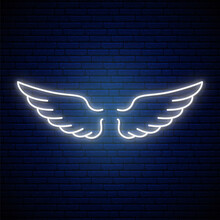Angel Wings Neon Sign. Bright Light Banner. Glowing Neon White Wings Icon On Dark Brick Wall Background. Vector Illustration.
