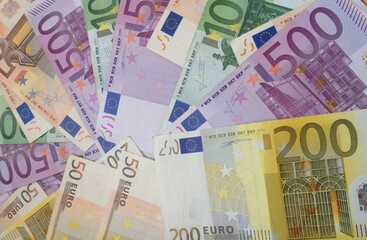 currency, money, euro, wealth, European currency, Europe cash, European bank, fifty euros, one hundred euros, two hundred euros,  five hundred euros, two hundred euros, one hundred euros, fifty euros,