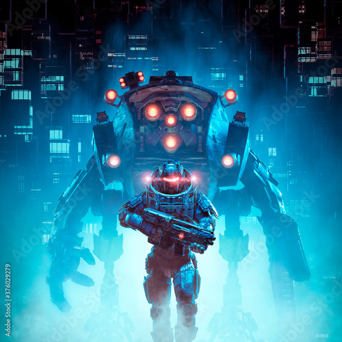 Fototapeta Cyberpunk soldier mech patrol / 3D illustration of science fiction military cybo