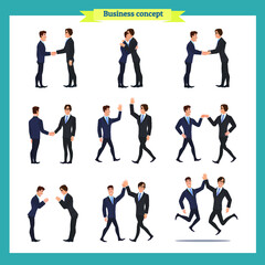 Wall Mural - Ready-to-use character set. Businessmen in handshake. Various poses, emotions, greeting, standing, fist bump, giving high five, a bow, a hug. Full length, front, rear view isolated, white background