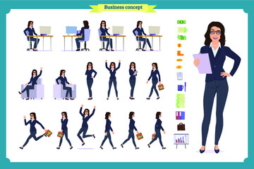 Wall Mural - Set of Businesswoman character design with different poses.Elegant female office assistant sitting at the table with computer.Vector flat style illustration isolated on white.secretary working at desk